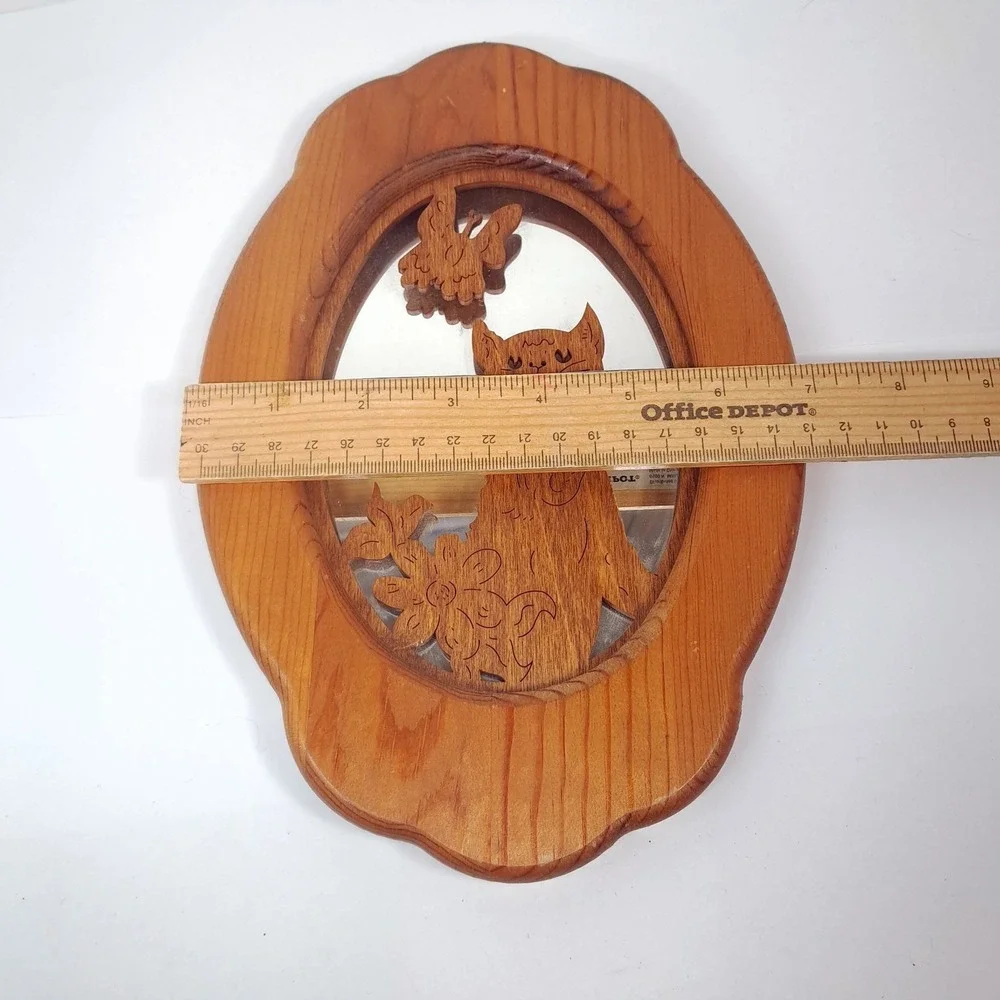 Vintage Wood cat wall mirror oval butterfly flower kitty kitten cottagecore cute